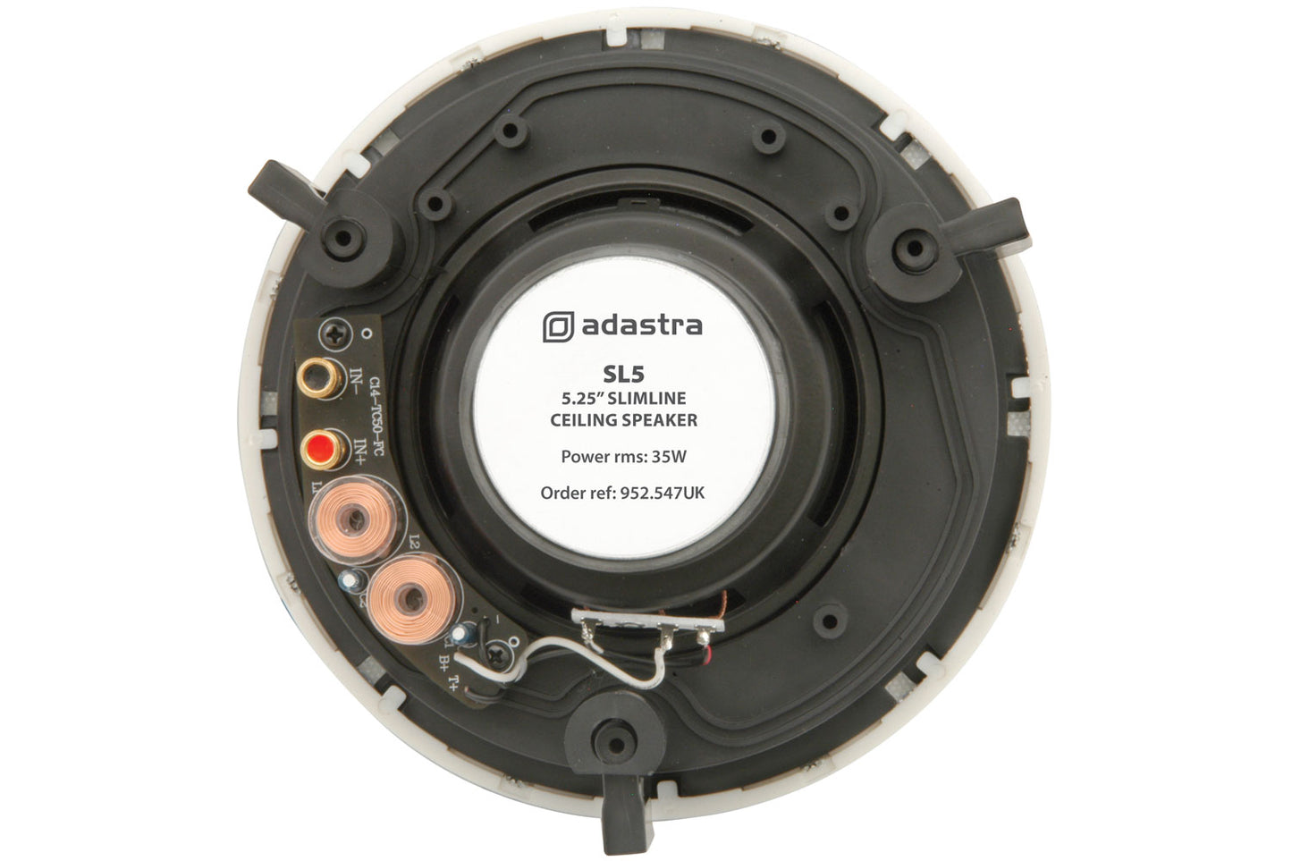 Adastra SL6 loft-højttalere bagfra, synlige tilslutninger, kobbertråde og label med 40W specs, leveres som sæt.