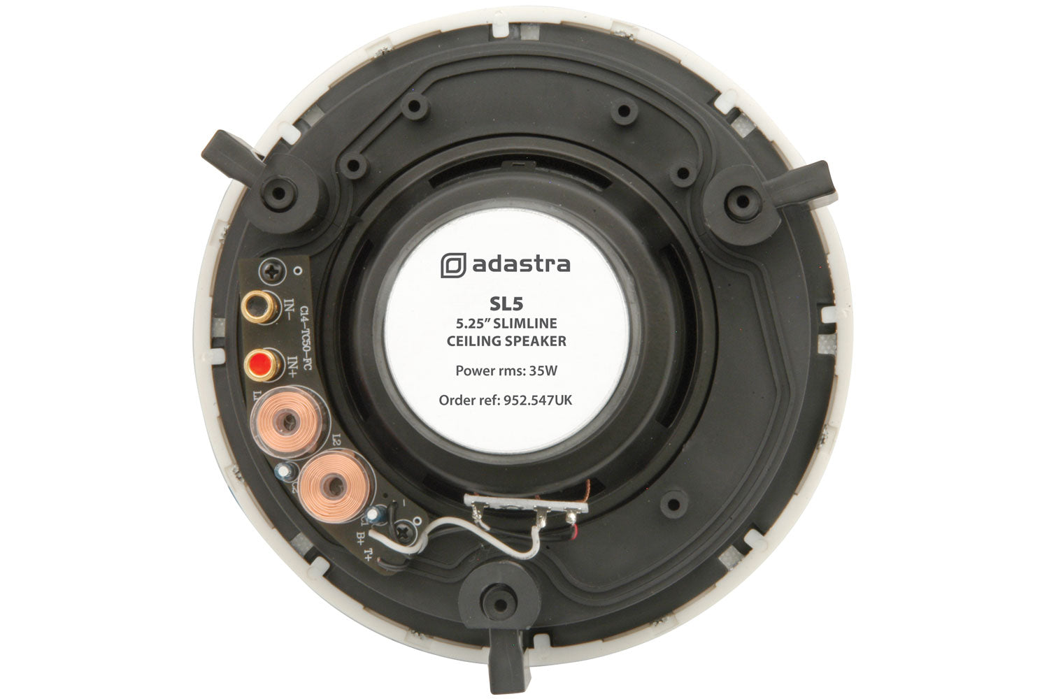 Adastra SL6 loft-højttalere bagfra, synlige tilslutninger, kobbertråde og label med 40W specs, leveres som sæt.