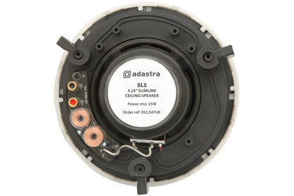 Adastra SL6 loft-højttalere bagfra, synlige tilslutninger, kobbertråde og label med 40W specs, leveres som sæt.