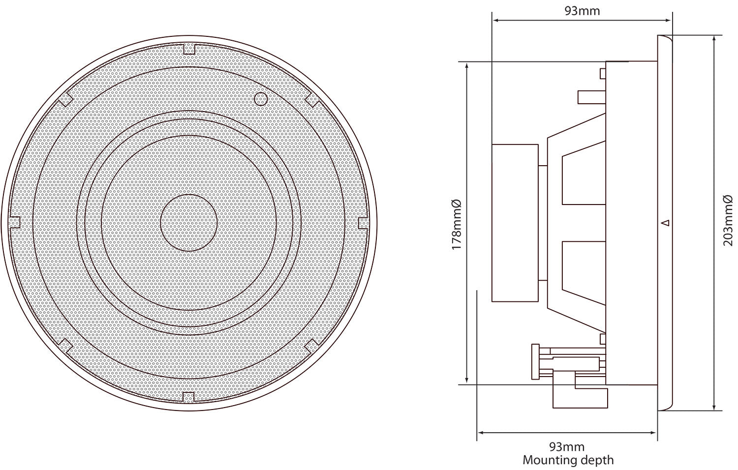 Adastra SL6 lofthøjttaler 40W Slimline sæt af 2 teknisk tegning front/side, diameter 178mm/203mm, dybde 93mm.