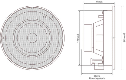 Adastra SL6 lofthøjttaler 40W Slimline sæt af 2 teknisk tegning front/side, diameter 178mm/203mm, dybde 93mm.