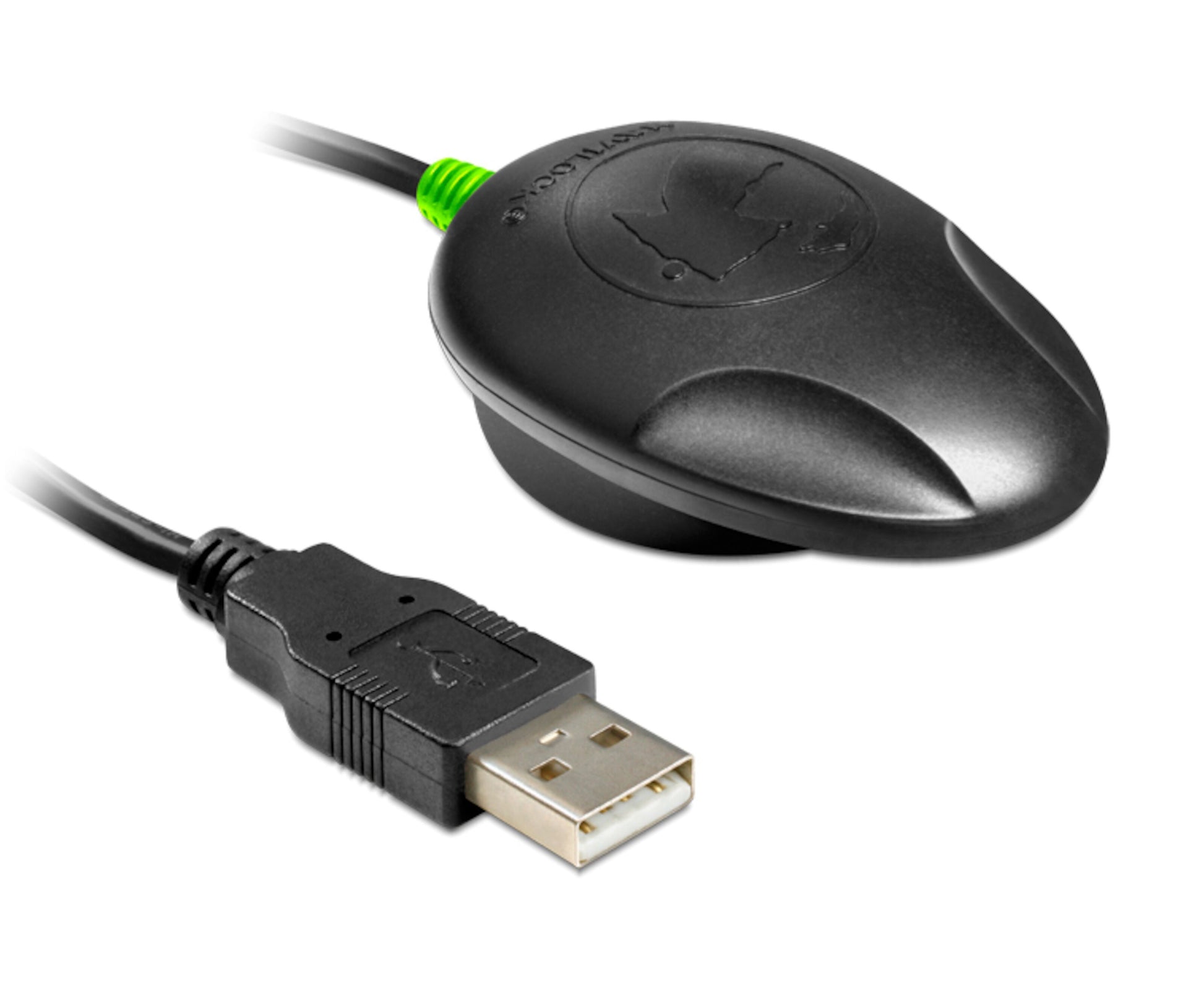 Navilock NL-602U sort kompakt USB GPS-modtager med afrundet design og kort USB-kabel, kompatibel med Windows.