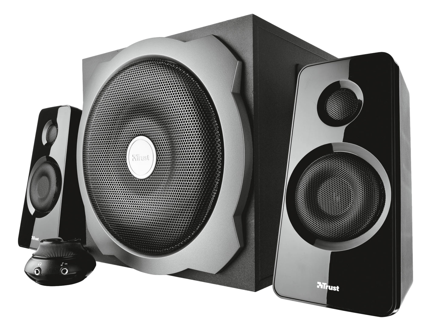 Trust Tytan 2.1 computerhøjttalere sort, til satellitter, central subwoofer, frontbetjening og audioporte.