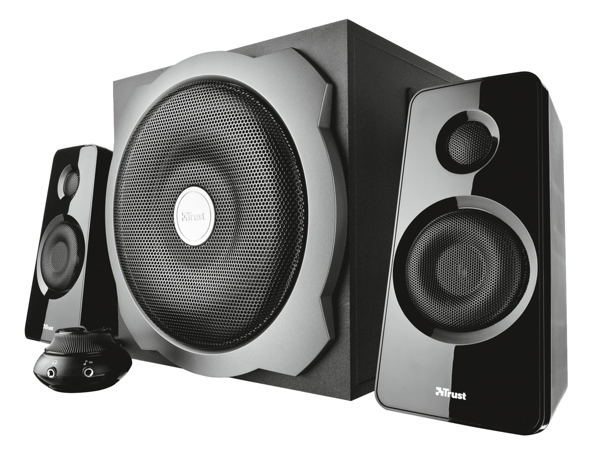 Trust Tytan 2.1 computerhøjttalere sort, til satellitter, central subwoofer, frontbetjening og audioporte.