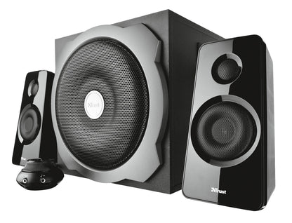 Trust Tytan 2.1 computerhøjttalere sort, til satellitter, central subwoofer, frontbetjening og audioporte.