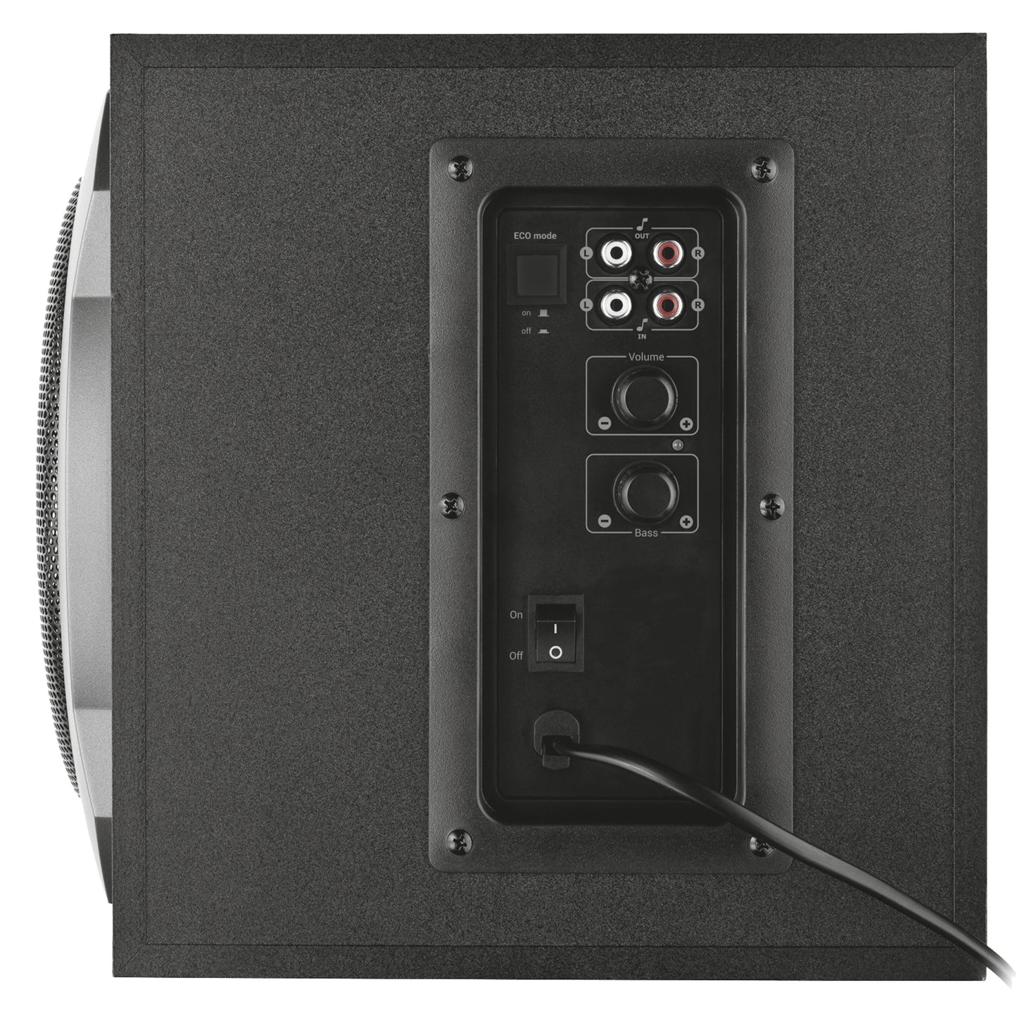 Trust Tytan 2.1 computerhøjttaler bagpanel med RCA ind/ud, volumenkontrol, basregulering, ECO-switch og strømtilslutning.