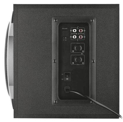 Trust Tytan 2.1 computerhøjttaler bagpanel med RCA ind/ud, volumenkontrol, basregulering, ECO-switch og strømtilslutning.