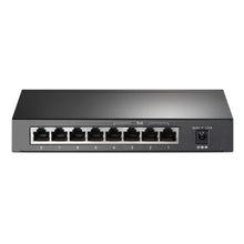 TP-Link TL-SG1008P PoE+ gigabit-switch med 8 Ethernet-porte foran, PoE-indikatorer og strømtilslutning i højre side.