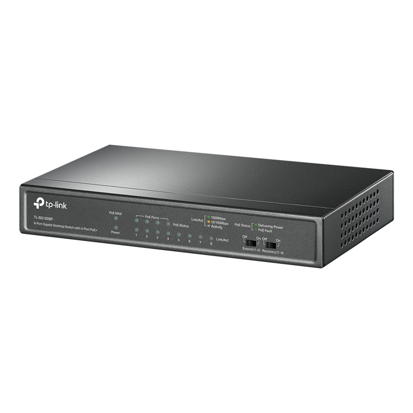 TP-Link TL-SG1008P sort PoE+ Gigabit-switch med 8 porte, indikator-LED'er foran og ventilationshuller i siden.