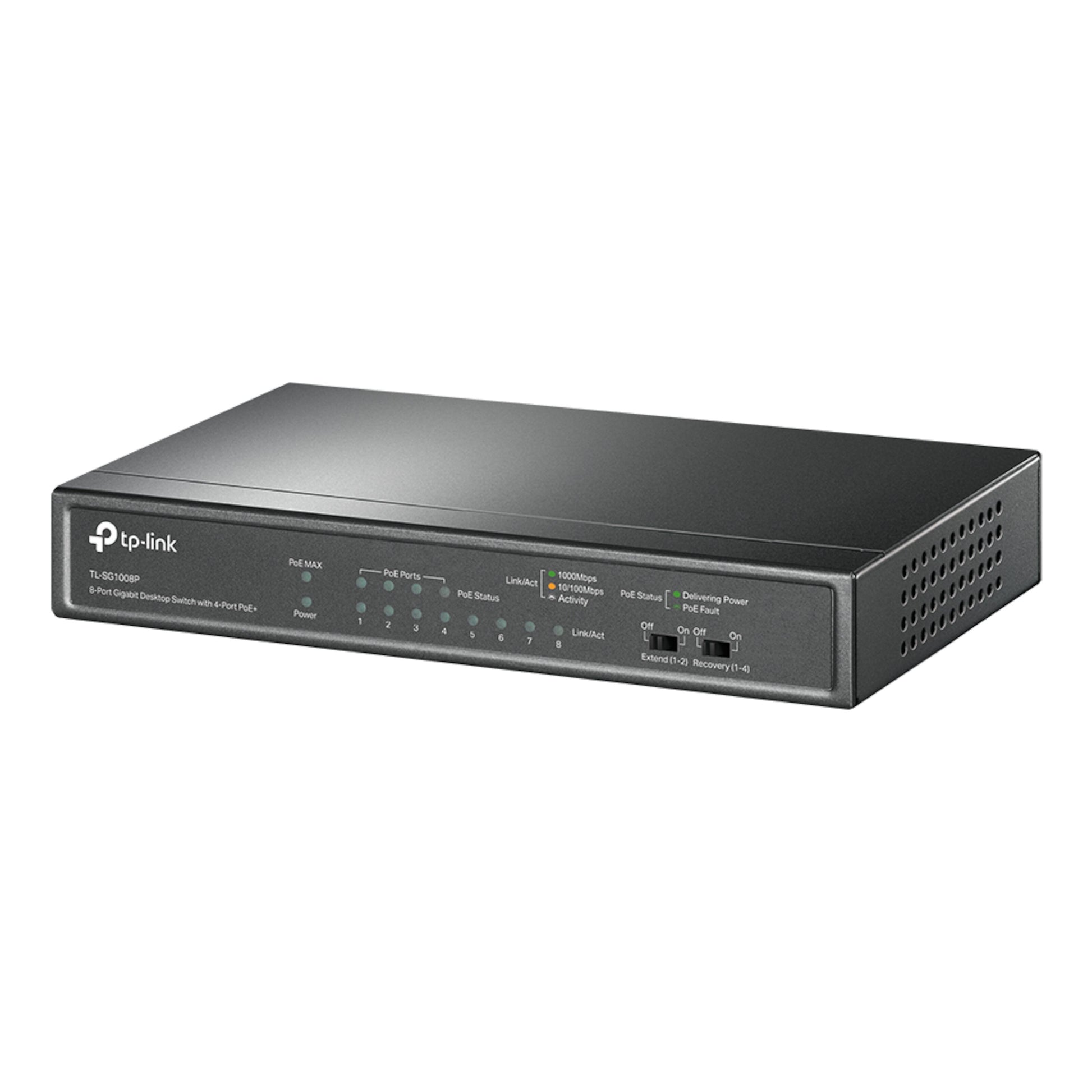 TP-Link TL-SG1008P sort PoE+ Gigabit-switch med 8 porte, indikator-LED'er foran og ventilationshuller i siden.