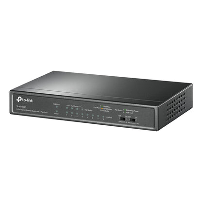 TP-Link TL-SG1008P sort PoE+ Gigabit-switch med 8 porte, indikator-LED'er foran og ventilationshuller i siden.