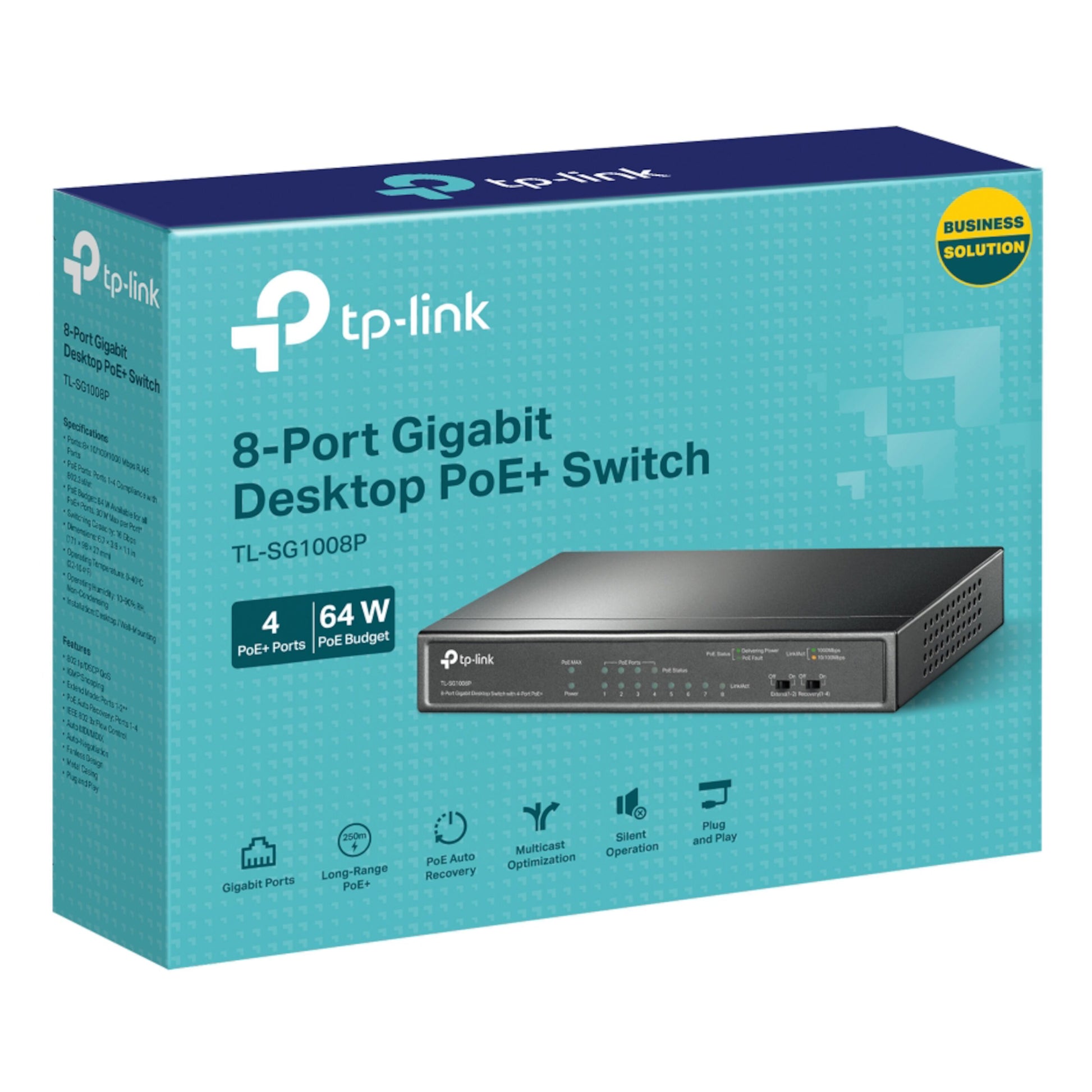 TP-Link TL-SG1008P PoE+ gigabitswitch 8 porte, 4 PoE+ porte, 64W strøm-budget.