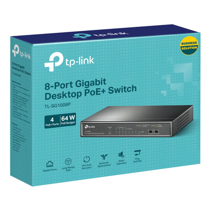 TP-Link TL-SG1008P PoE+ gigabitswitch 8 porte, 4 PoE+ porte, 64W strøm-budget.