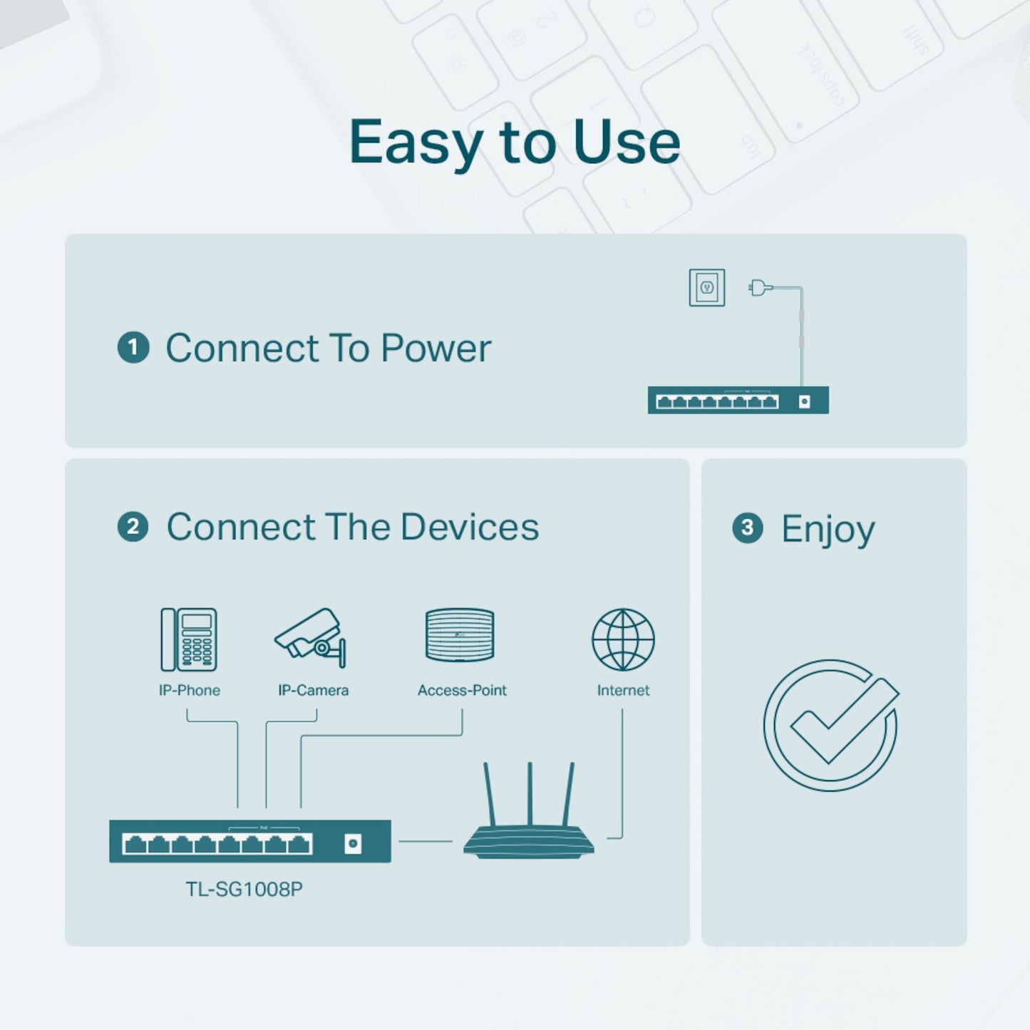 TP-Link TL-SG1008P PoE+ gigabit switch 8 porte tilslut strøm og enheder som IP-telefon, kamera eller access point.