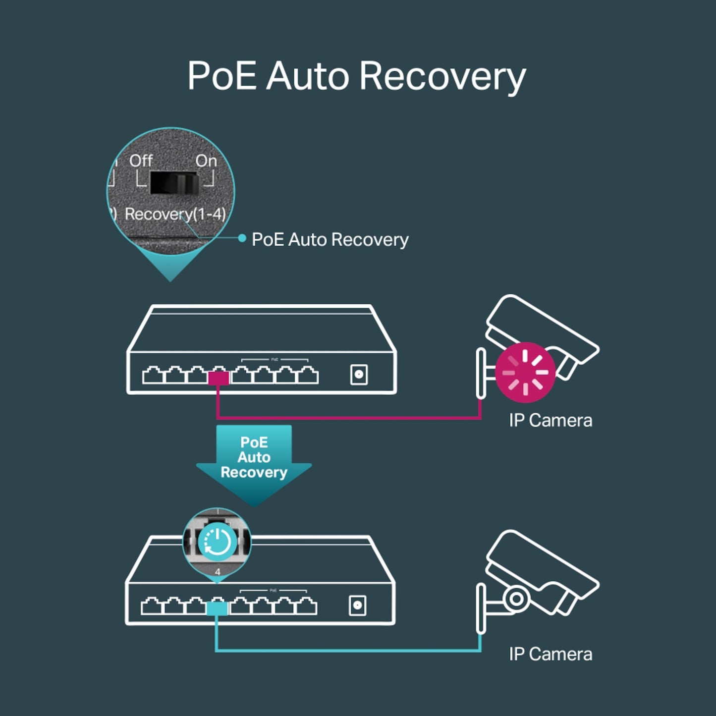 TP-Link TL-SG1008P PoE+ gigabit switch 8 porte tilsluttet IP-kameraer, diagram viser Auto Recovery-funktion.