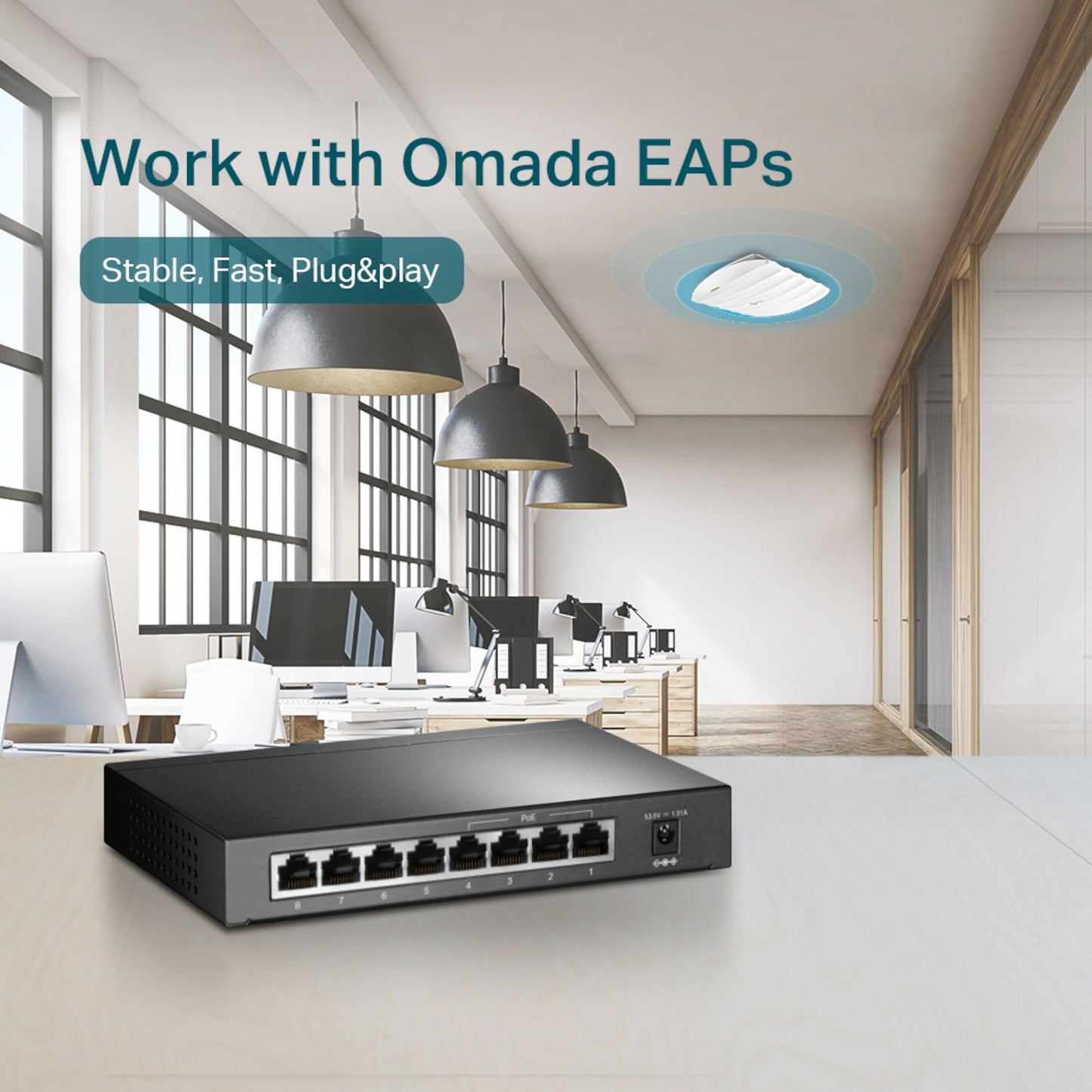 TP-Link TL-SG1008P PoE+ Gigabit Switch, 8 porte, sort, bruges til Omada EAP access points, vises fra toppen.