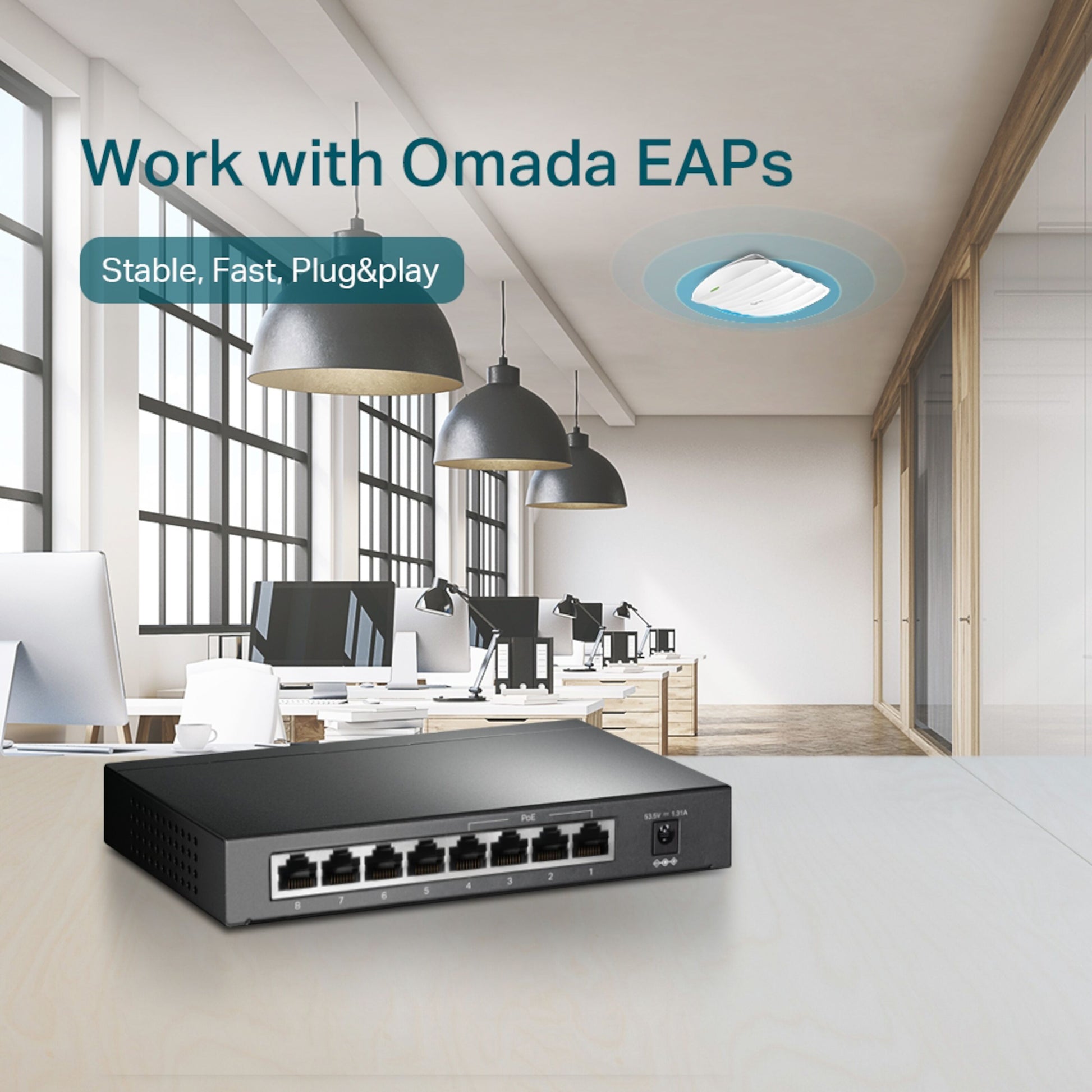 TP-Link TL-SG1008P PoE+ Gigabit Switch, 8 porte, sort, bruges til Omada EAP access points, vises fra toppen.