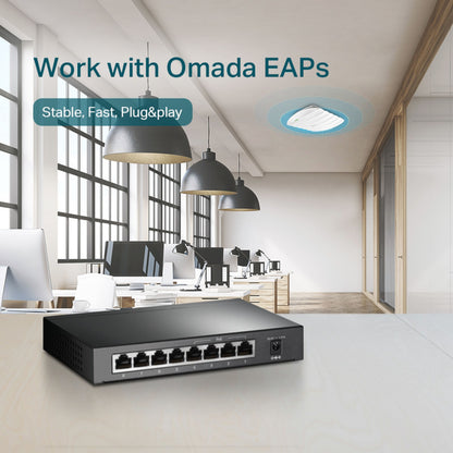 TP-Link TL-SG1008P PoE+ Gigabit Switch, 8 porte, sort, bruges til Omada EAP access points, vises fra toppen.