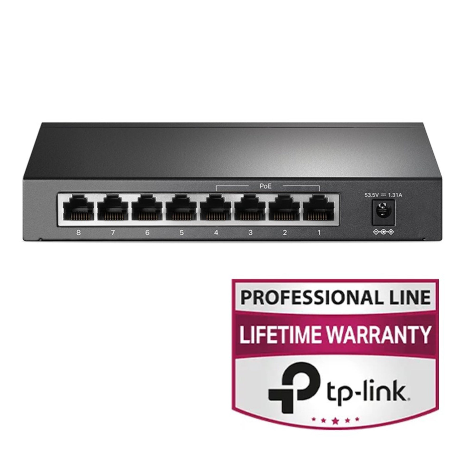 TP-Link TL-SG1008P sort PoE+ gigabit switch med 8 nummererede Ethernet-porte, strømindgang og badge "Professional Line Lifetime Warranty TP-Link.