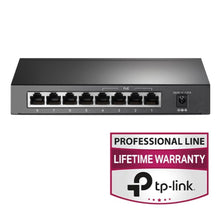 TP-Link TL-SG1008P sort PoE+ gigabit switch med 8 nummererede Ethernet-porte, strømindgang og badge "Professional Line Lifetime Warranty TP-Link.
