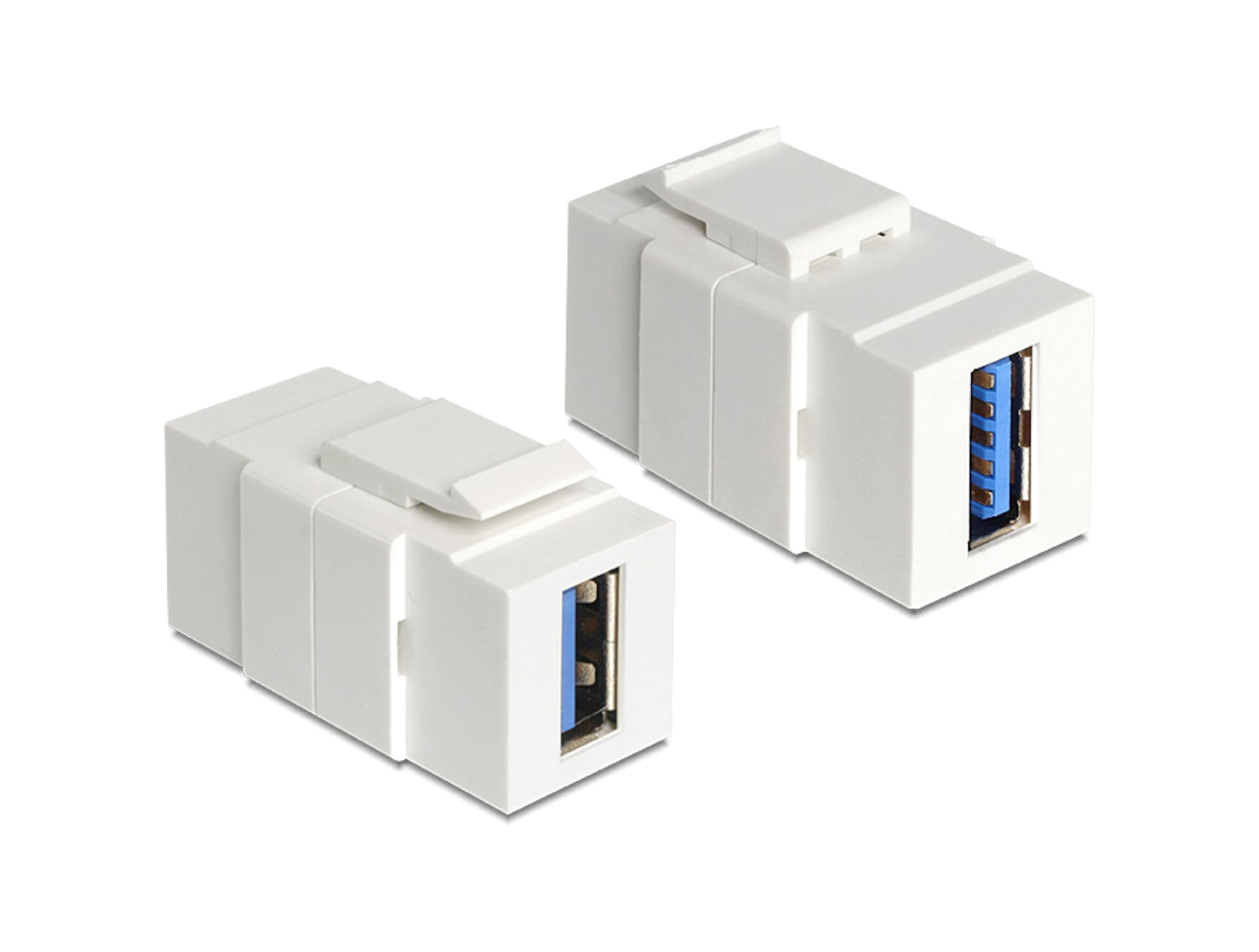 Keystone modul USB 3.0 5 Gb/s hvid med blå port, til stik side om side til patchpanel eller vægudtag.