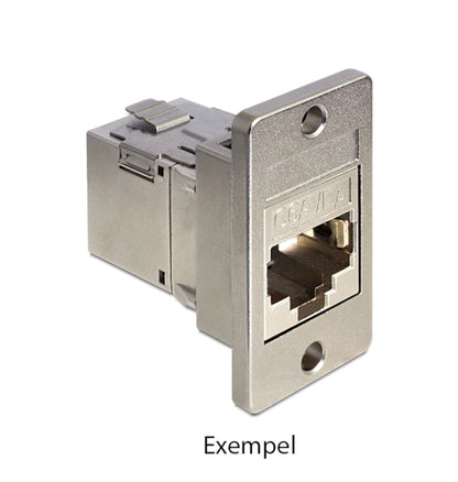 Delock Keystone-holder til panelmontering, metallisk Ethernet-port med rektangulær monteringsplade, tekst under billedet.