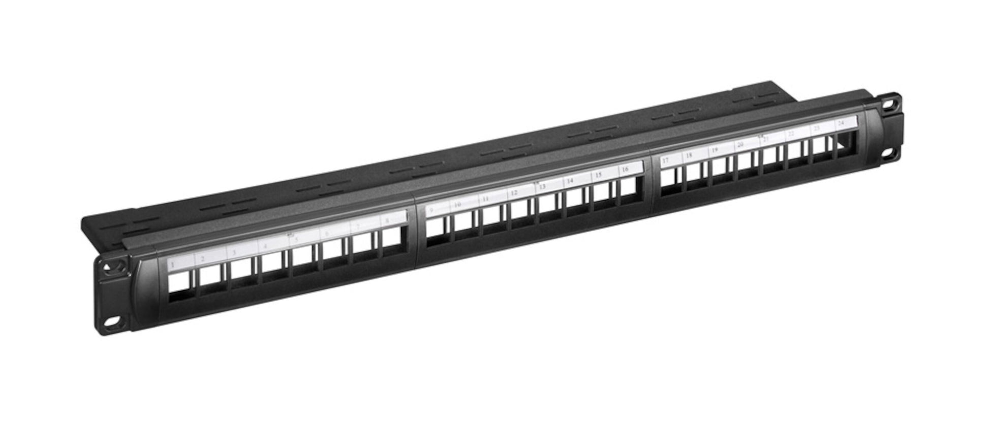 Sort 19" Keystone patchpanel med 24 nummererede porte til Ethernet-kabler i netværksrack eller kabinet.