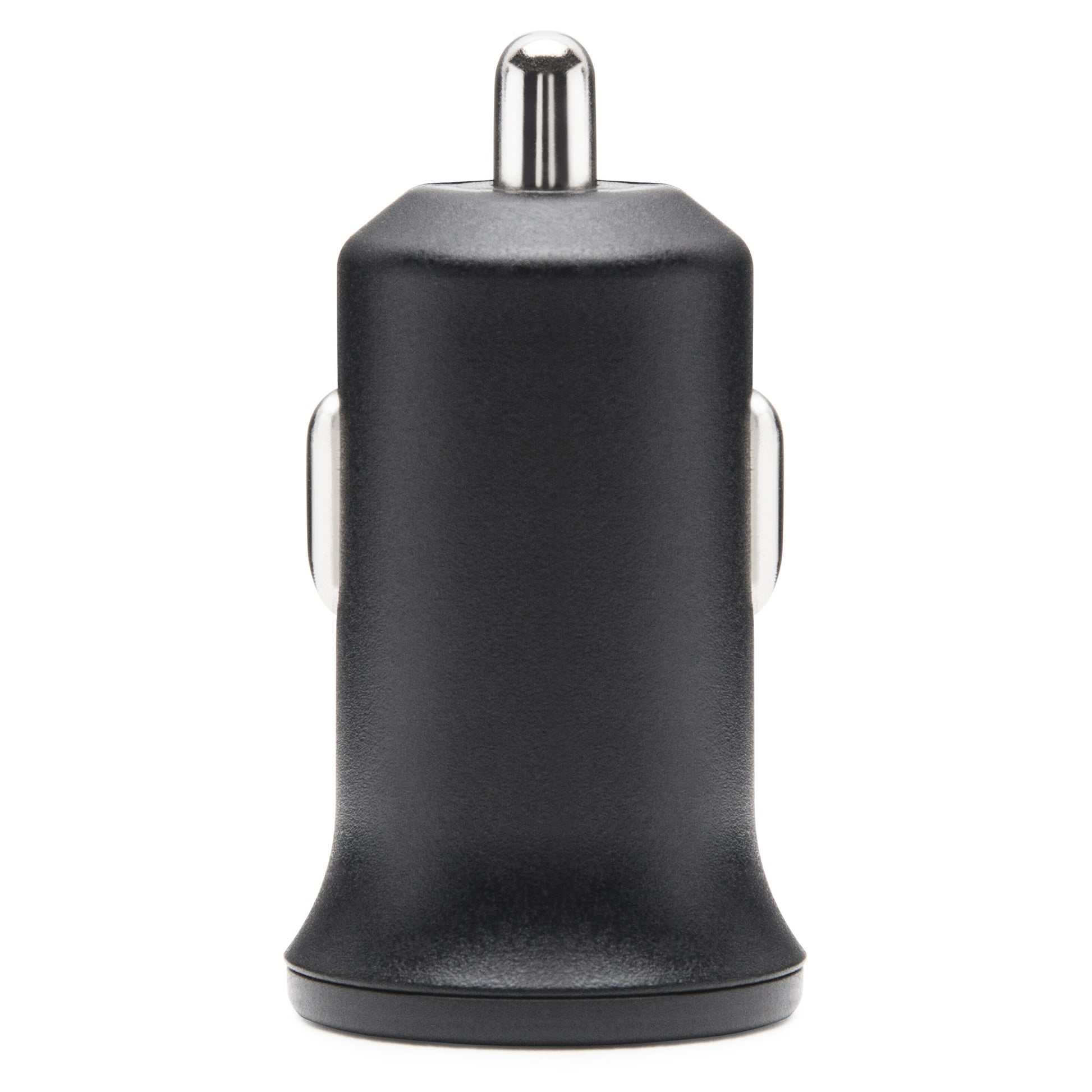 Mini USB-biloplader 2,4A sort med sølvfarvet metalspids, frontvendt vinkel.