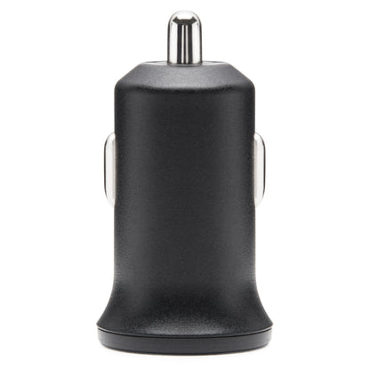 Mini USB-biloplader 2,4A sort med sølvfarvet metalspids, frontvendt vinkel.