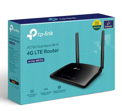 TP-Link Archer MR200 4G router modem AC750 blå æske, to antenner, dual-band Wi-Fi, Plug  Play, OneMesh, mobilt bredbånd.