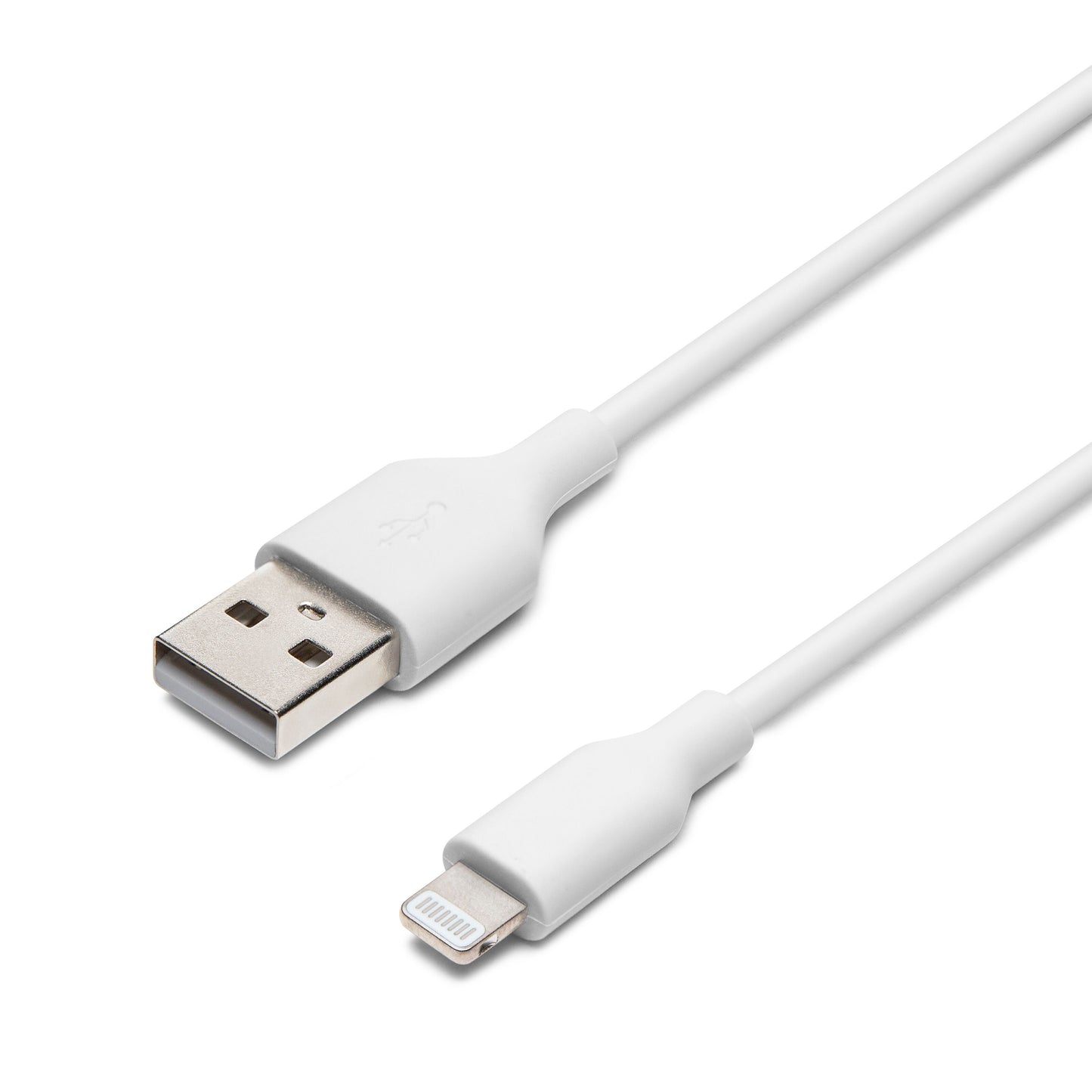 USB-A til Lightning-kabel MFi-certificeret 0,5 m hvid med begge stik synlige.