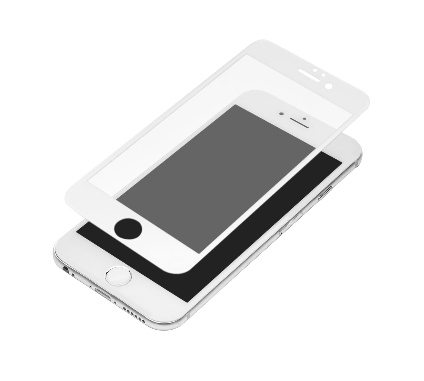 IPhone 6/7/8 hvid med Elite Extreme Curved skærmbeskyttelse klar til montering, set oppefra.