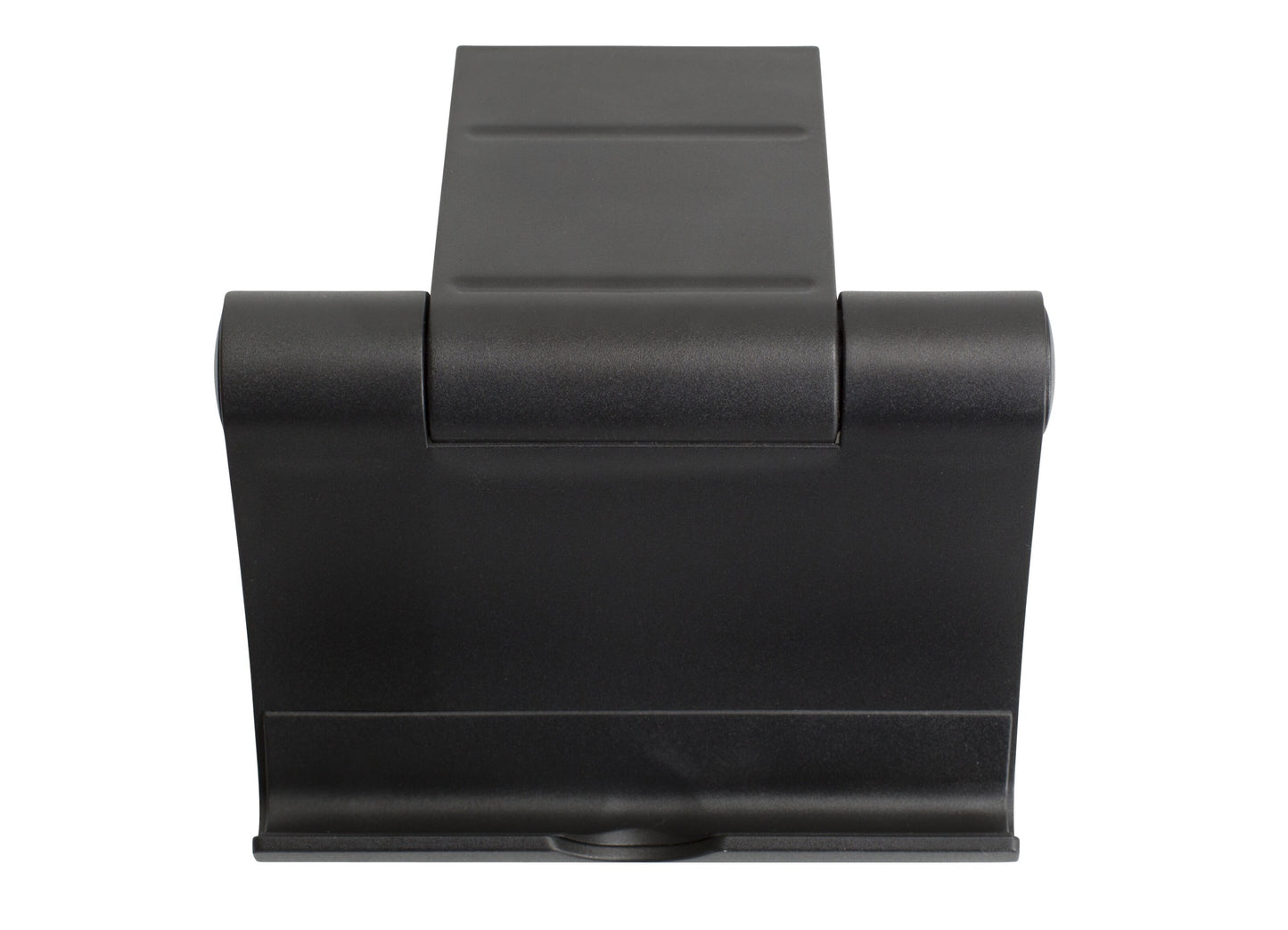 Linocell Stativ til mobil og tablet Sort, sort foldbar holder med flad base og hængslet støtte, frontvisning.