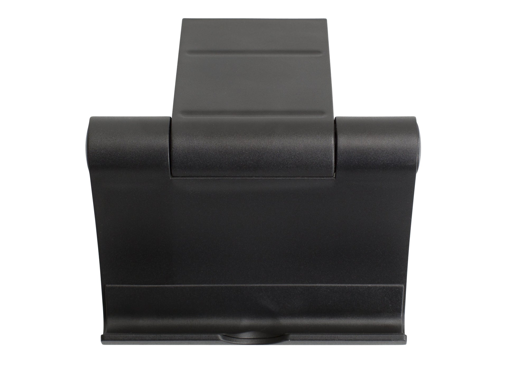 Linocell Stativ til mobil og tablet Sort, sort foldbar holder med flad base og hængslet støtte, frontvisning.