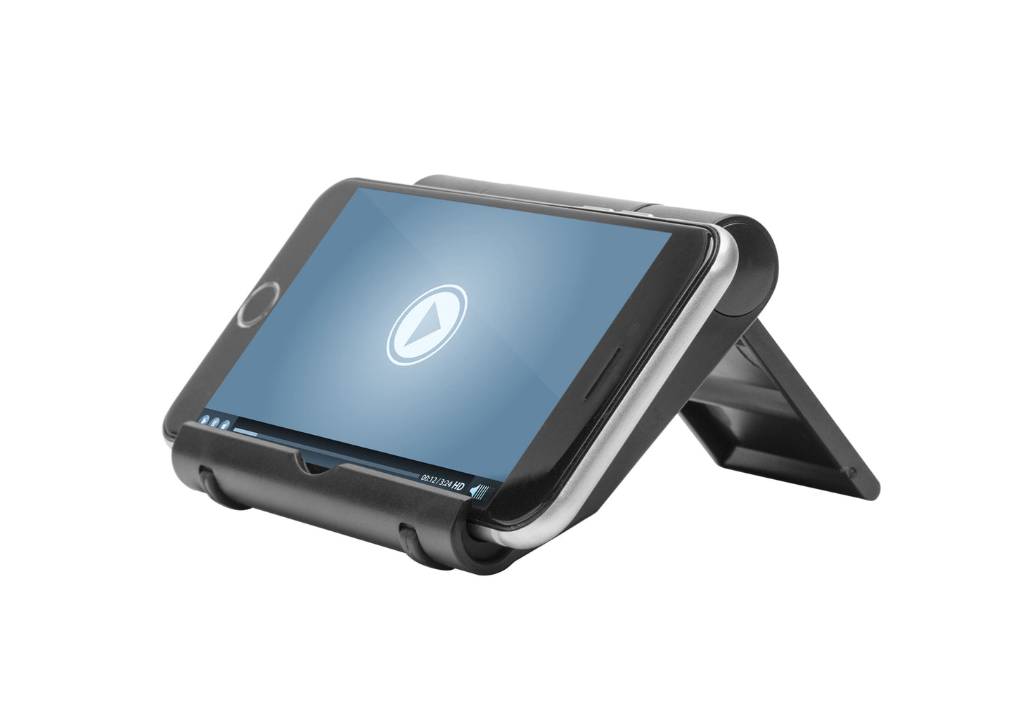 Sort Linocell stativ til mobil/tablet med smartphone i vandret, videoafspiller med play-knap på skærmen, justerbar holder.