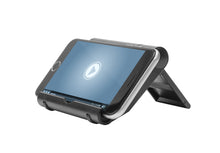 Sort Linocell stativ til mobil/tablet med smartphone i vandret, videoafspiller med play-knap på skærmen, justerbar holder.