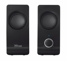 Trust Remo 2.0 computerhøjttalere, sort, synligt logo, volumenhjul og blå LED-lys, USB-tilslutning.
