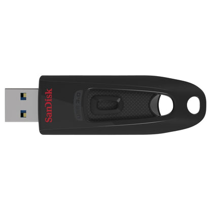 Sandisk Ultra 3.0 USB-nøgle 128GB sort med udtrækkeligt stik, rødt Sandisk-logo, riflet greb og nøglering.