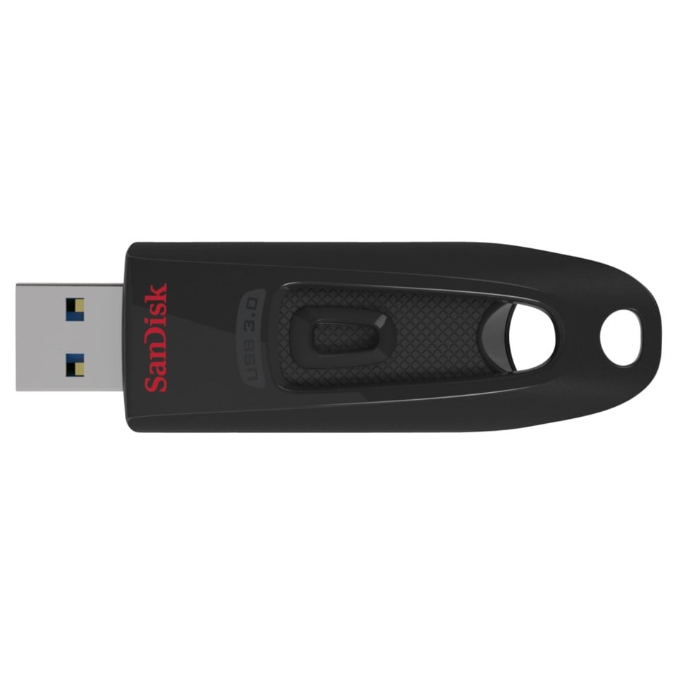Sandisk Ultra 3.0 USB-nøgle 256 GB sort, vises fra ovn med udtrækkelig USB-stik og Sandisk-logo i rødt.