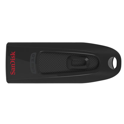 Sandisk Ultra USB 3.0 nøgle 128GB sort, skyde-mekanisme, nøgleringhul, rød "Sandisk"-logo på venstre side.