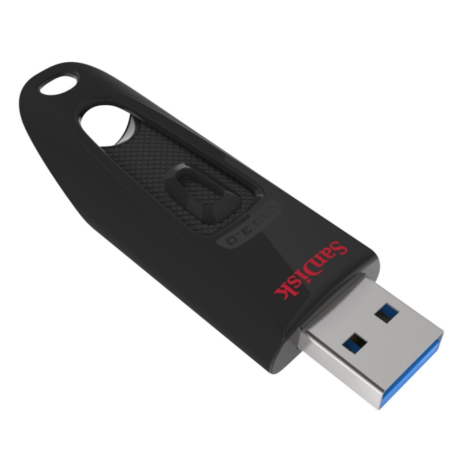 Sandisk Ultra 3.0 USB-nøgle 256 GB, sort, udtrækkelig USB-stik og nøglehul, vist i vinkel.