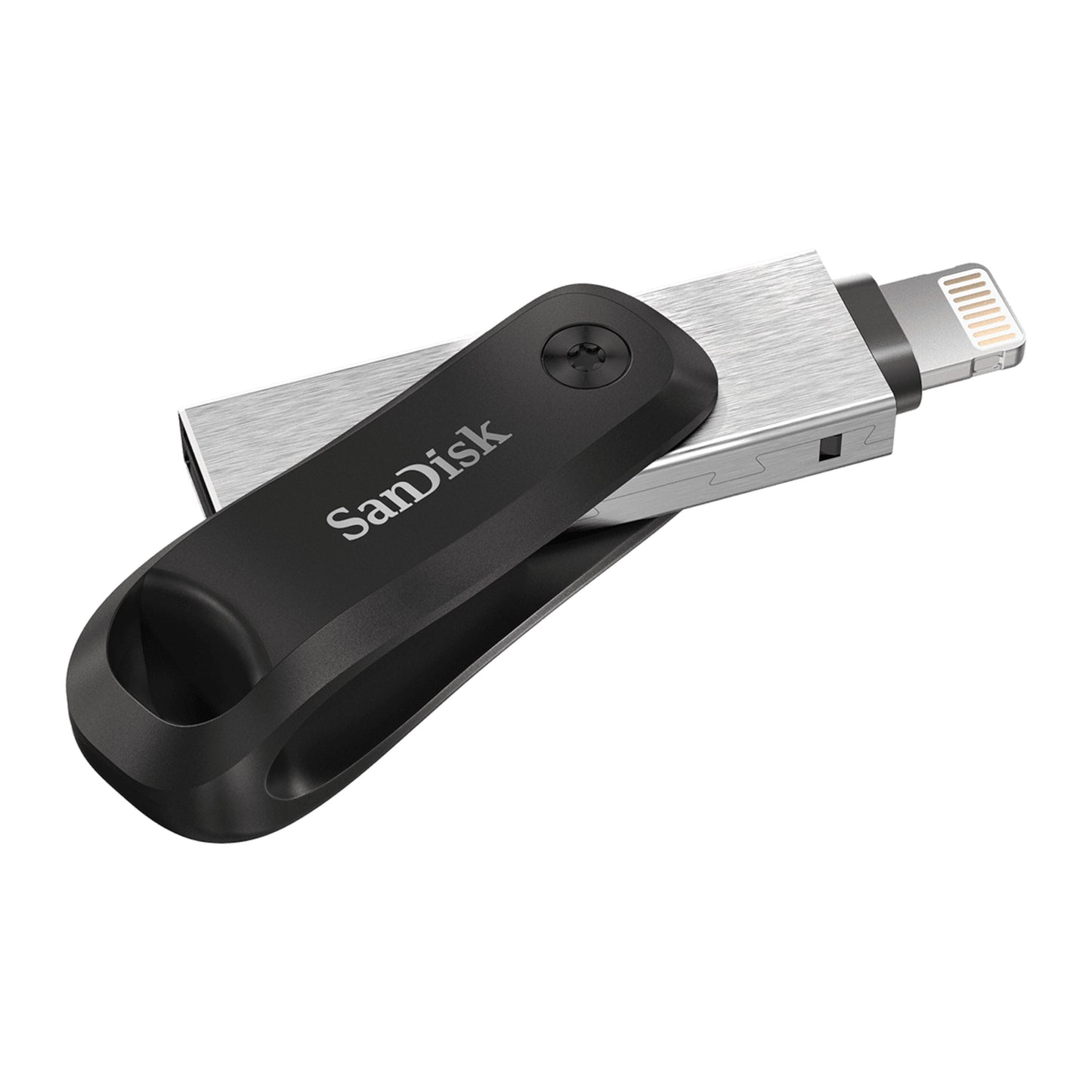 SanDisk iXpand Go USB-nøgle 256GB, sort plastikcover, metalhus, roterbart design med Lightning-stik.