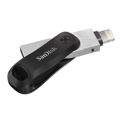 SanDisk iXpand Go USB-nøgle 256GB, sort plastikcover, metalhus, roterbart design med Lightning-stik.