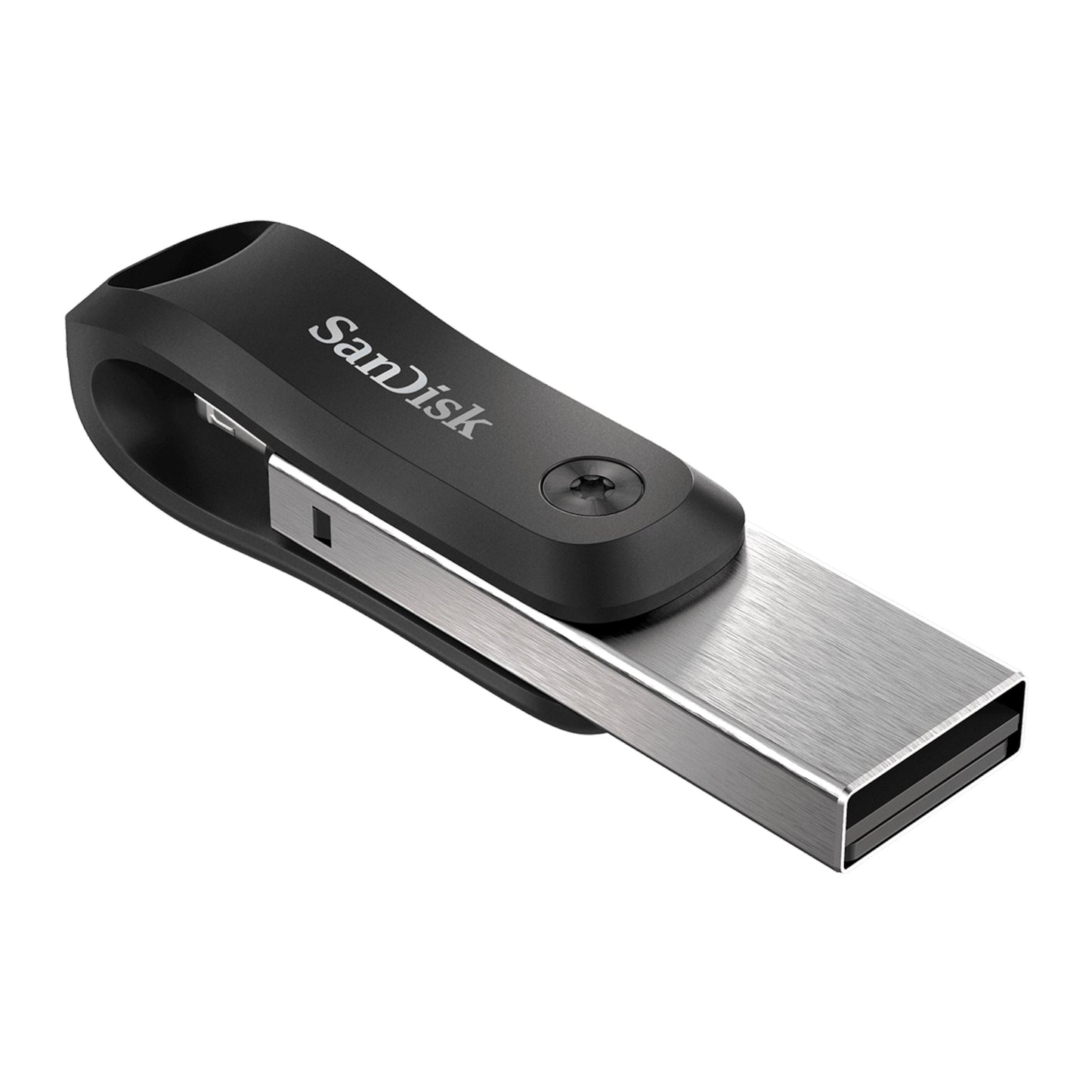 SanDisk iXpand Go USB-nøgle 256 GB med Lightning-stik, sølvfarvet metal og sort plastikdæksel.