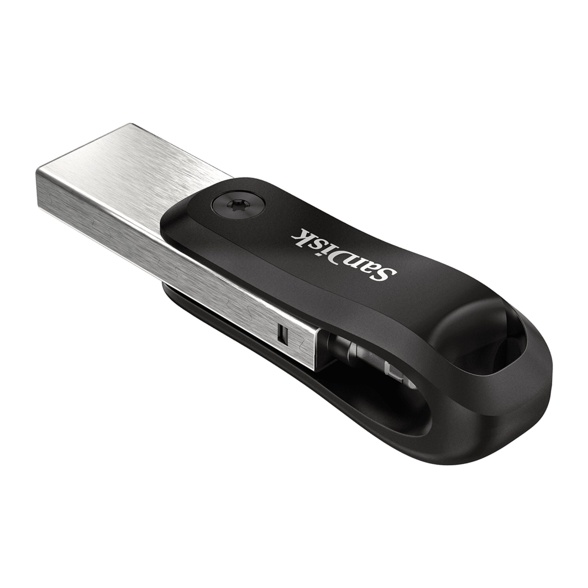 Sandisk iXpand Go USB-nøgle 256GB, sølvfarvet USB-A, Lightning-stik, sort kabinet, set fra vinkel.
