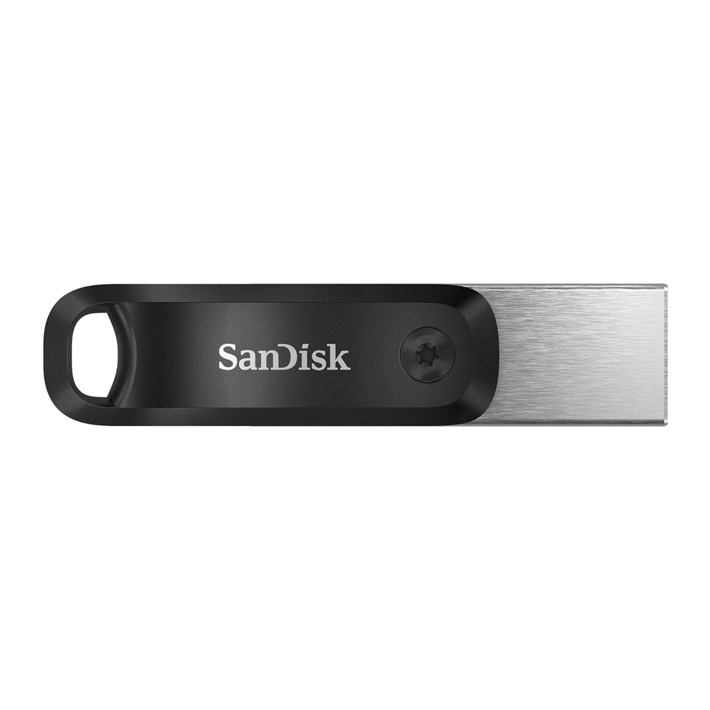 Sandisk iXpand Go USB-nøgle 256 GB med Lightning-stik til iPhone, sort og sølv, Sandisk-logo.