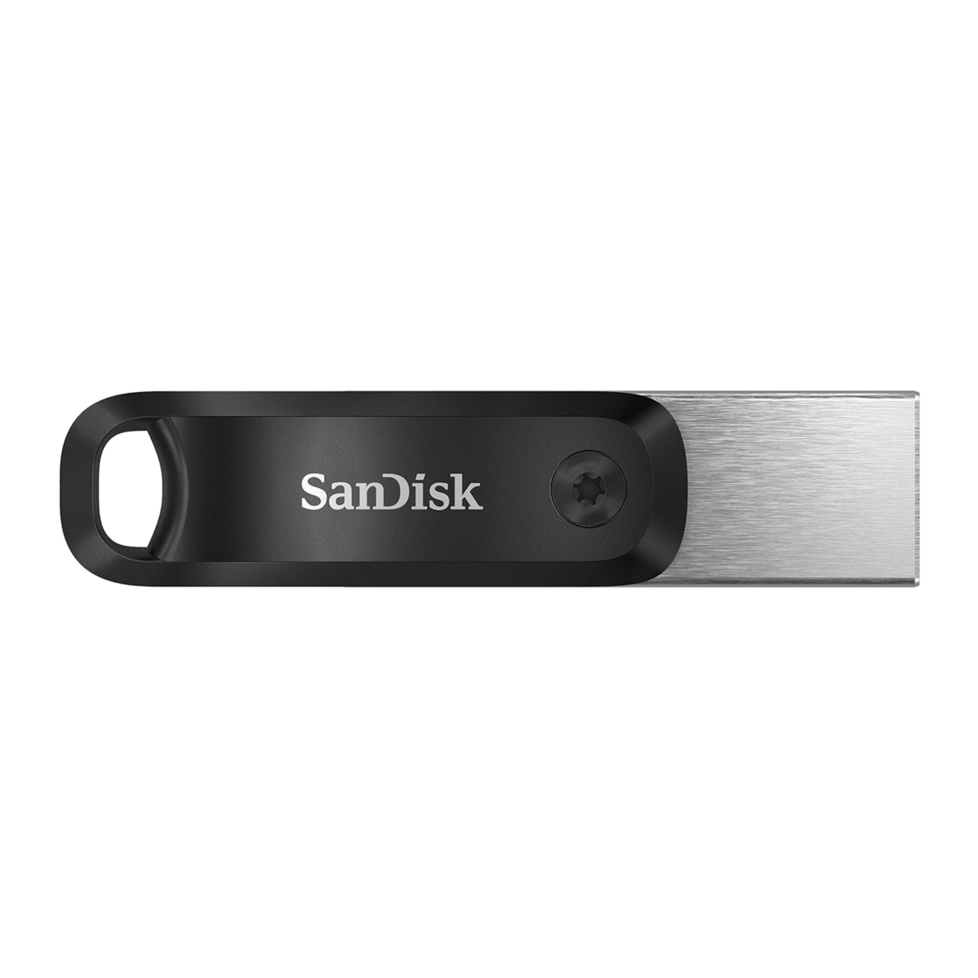 Sandisk iXpand Go USB-nøgle 256 GB med Lightning-stik til iPhone, sort og sølv, Sandisk-logo.