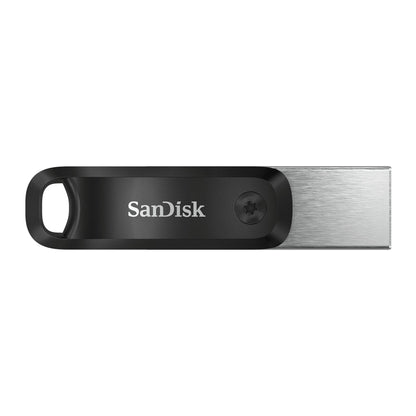 Sandisk iXpand Go USB-nøgle 256 GB med Lightning-stik til iPhone, sort og sølv, Sandisk-logo.