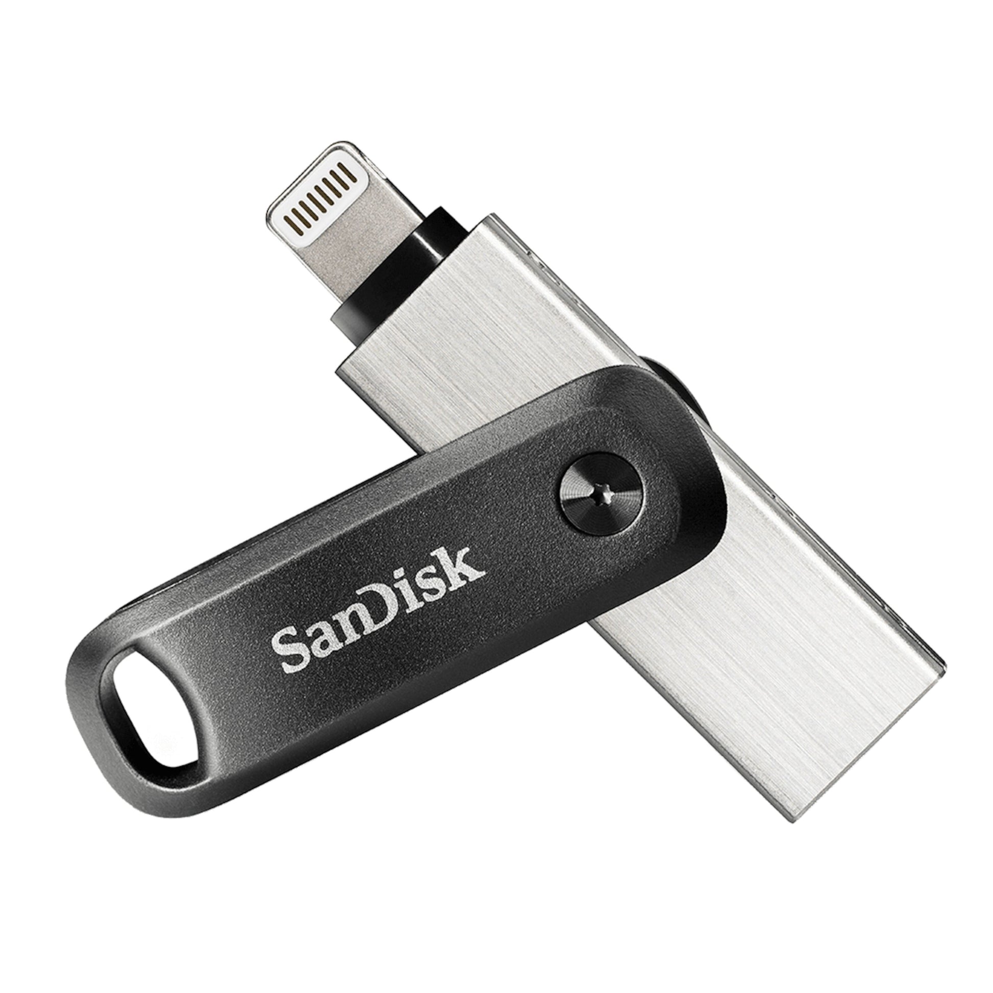 Sandisk iXpand Go 256GB USB-nøgle med USB- og Lightning-stik til ekstra lager til computer og Apple-enheder.
