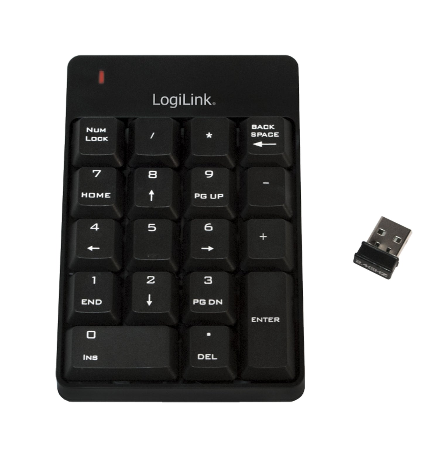 Logilink trådløst numerisk tastatur sorteret med tal- og funktionsknapper, backspace-tast, USB-modtager og rød indikatorlampe.